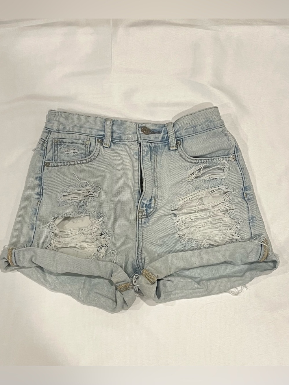 American Eagle Outfitters Light Blue Distressed Rolled-Hem Jean Shorts